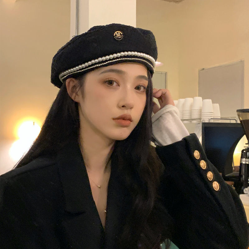 Beret French Wool - W102 겨울 베레모, 체인, 진주, 햅번