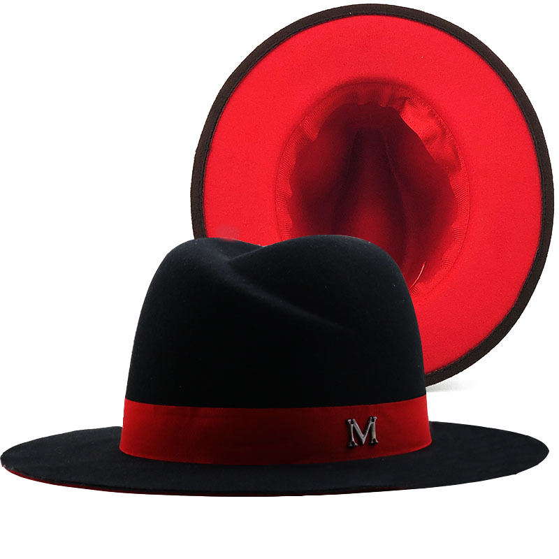 Fedora Hat Wool - 새로운 외부 블랙 내부 레드 울