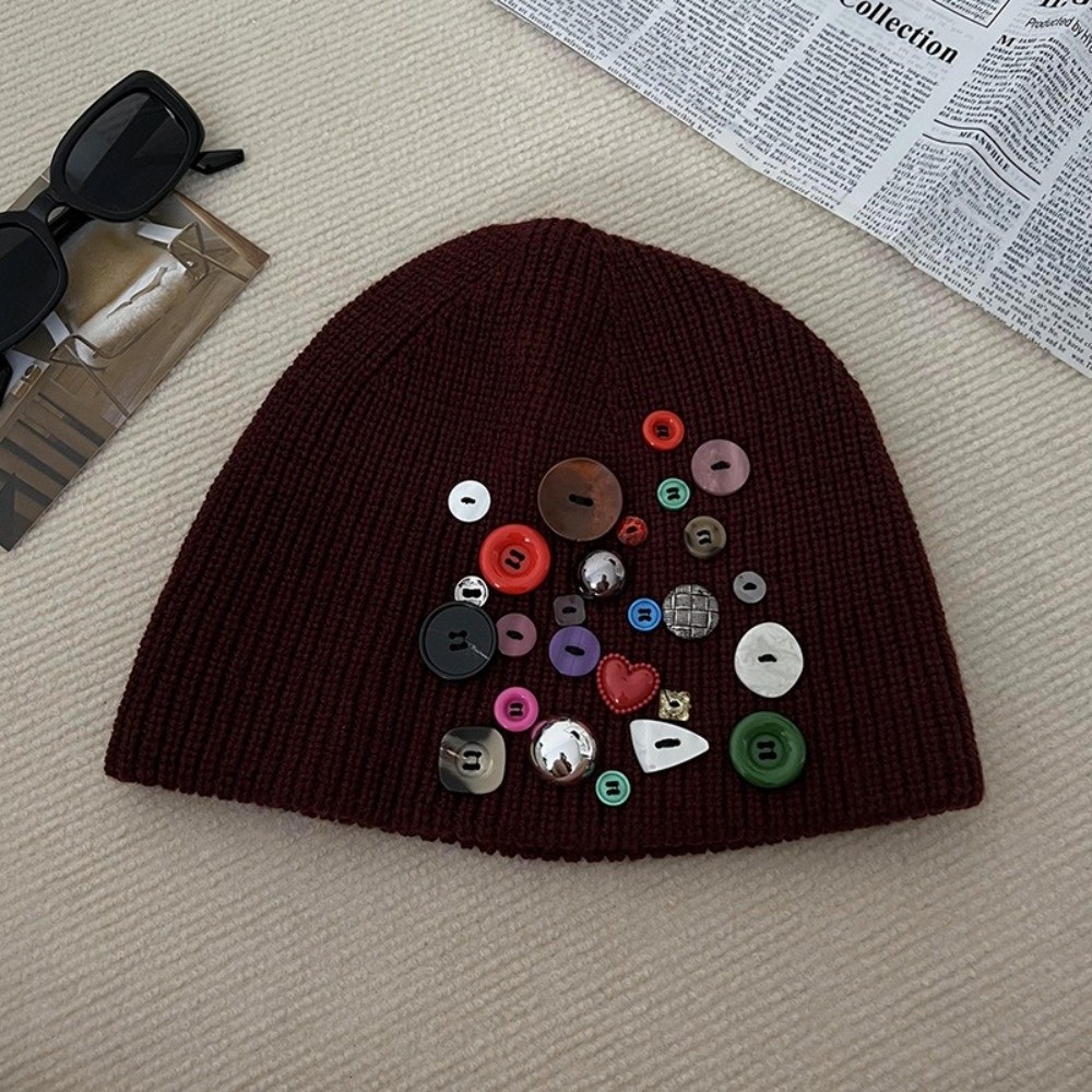 Beanie Cuffed Knit - 컬러풀 버튼 비니 모자, 불규칙 버튼