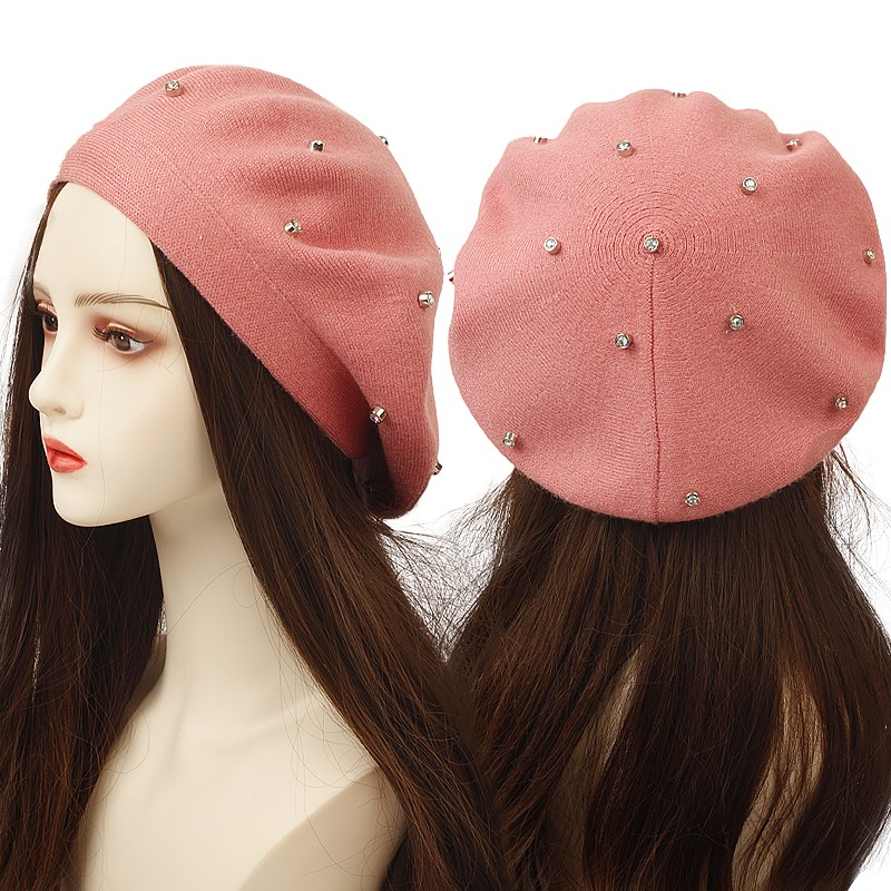 Beret French Wool - 여성용 컬러 라인스톤 베레모 패션 가을
