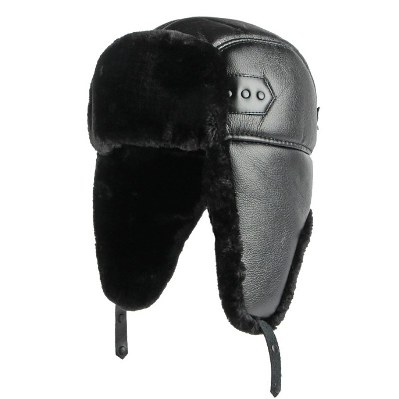 Trapper Hat Ear Flap - 남성용 PU 가죽 러시아 모자, 두꺼운