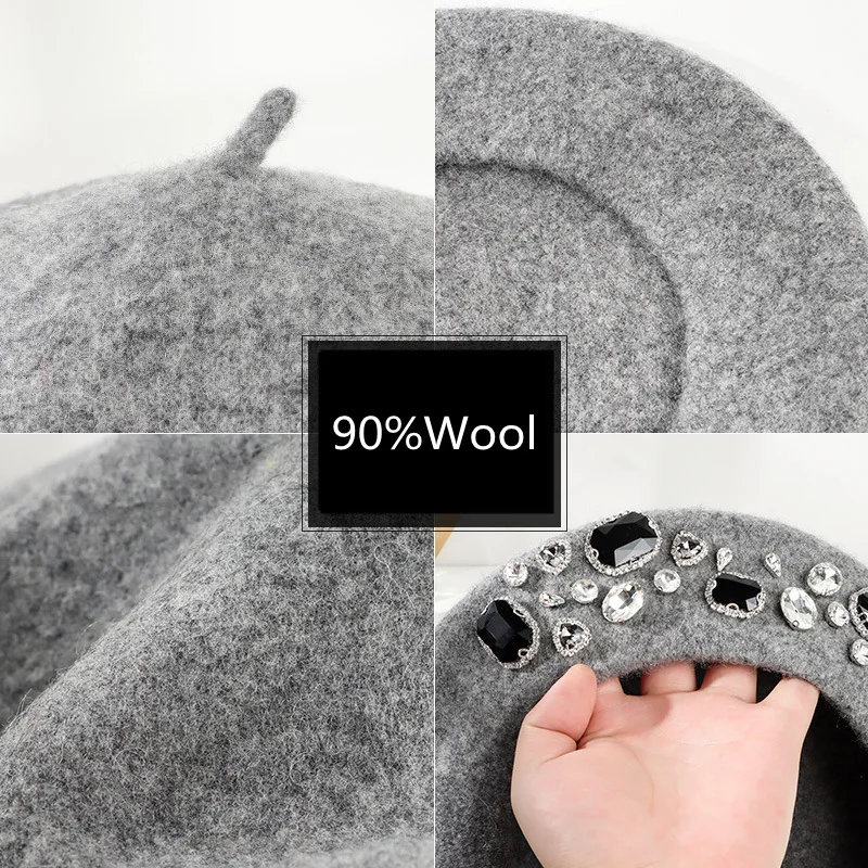 Beret French Wool - 프렌치 베레모 두꺼운 라인스톤 장식 브림리스