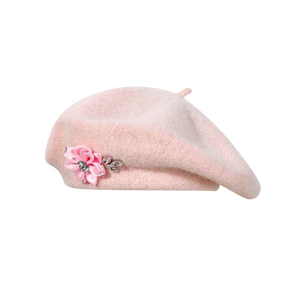 Beret French Wool - 달콤한 단색 울 베레모 크리스탈 장식