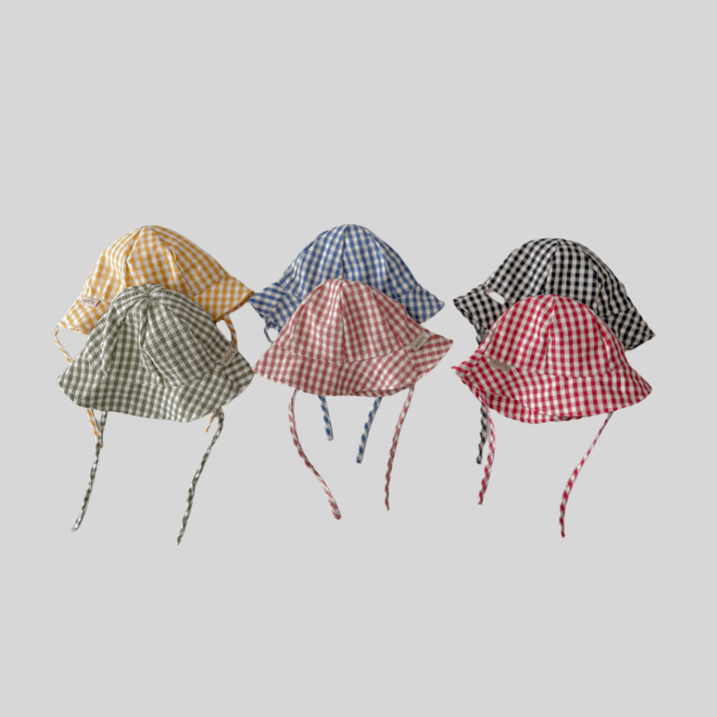 Sun Hat Wide Brim - 인스 스타일 체크무늬 아기 버킷햇 봄