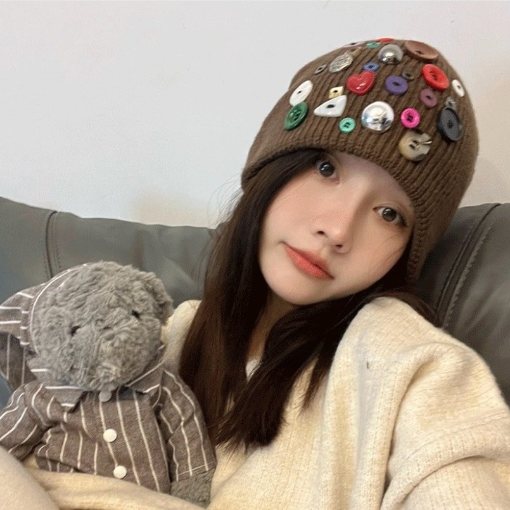 컬러풀 버튼 비니 모자, 불규칙 버튼 장식 니트 모자, - Beanie Cuffed Knit 리뷰 및 가격