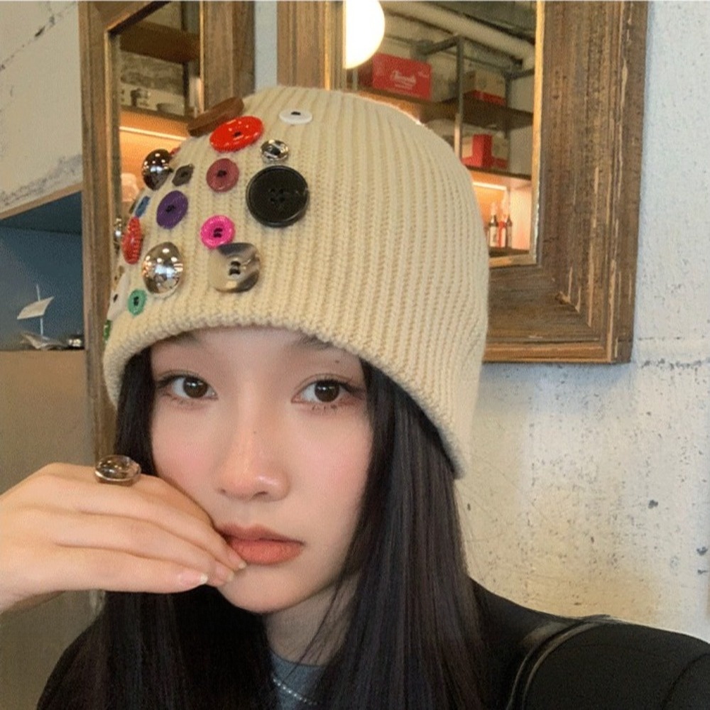 컬러풀 버튼 비니 모자, 불규칙 버튼 장식 니트 모자, - Beanie Cuffed Knit 리뷰 및 가격
